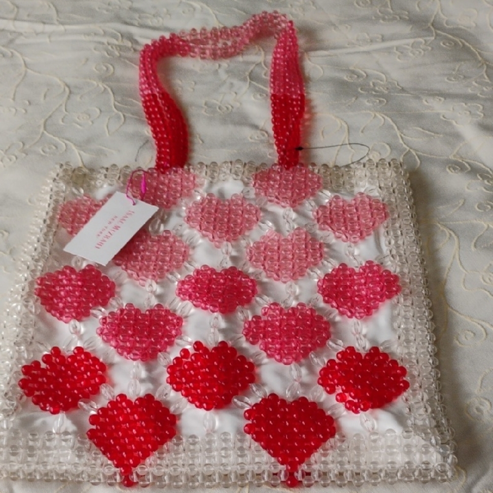 ISAAC MIZRAH Stylish Red and Pink Beaded Tote Bag NWT